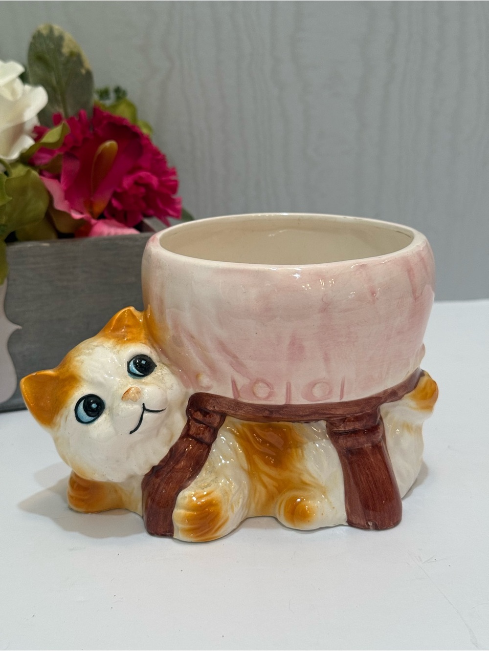 VTG 1987 Planters and Things Ceramic Cat Kitten Planter Retro Kitsch Orange Cat